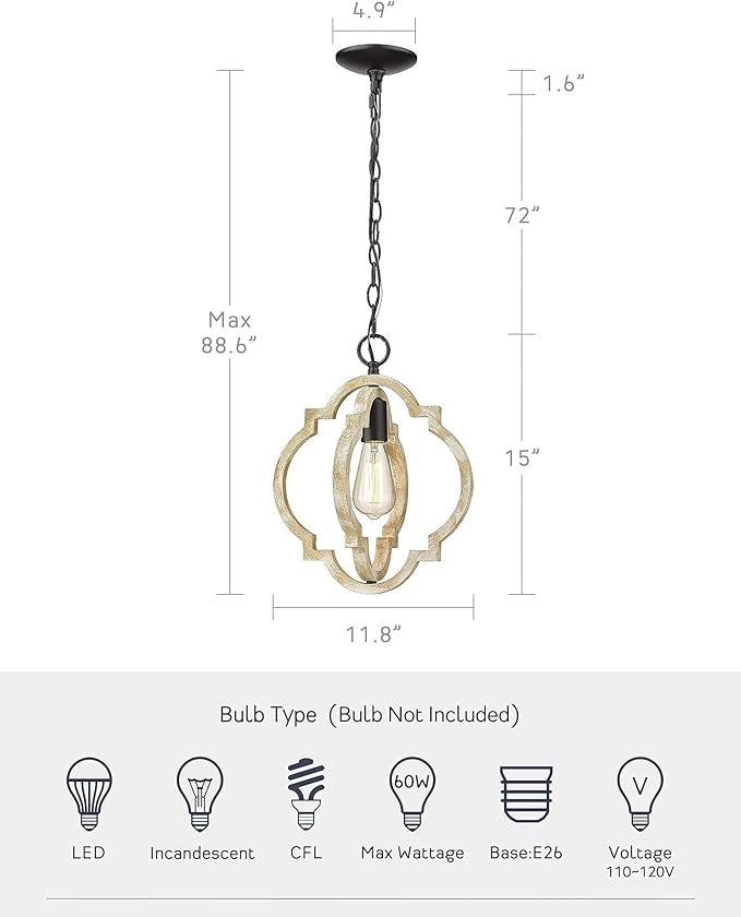 Pendant Lights for Kitchen Island, Farmhouse Wood Light Fixtures, Adjustable Height Hanging Pendant Lights for Foyer, Dining Room, Entryway