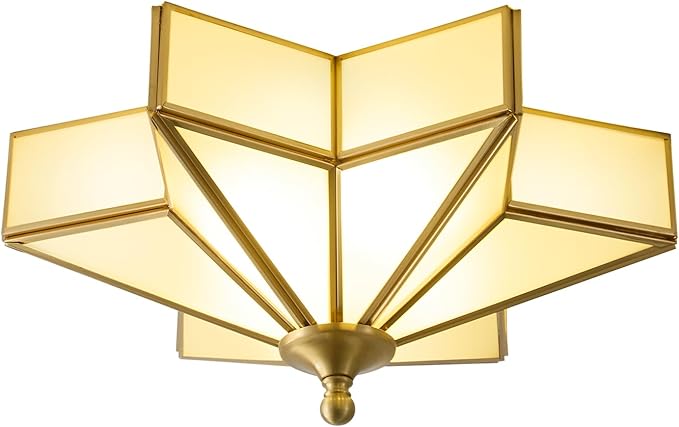 Star Brass Vintage Ceiling Light - 12.2 in Small Milk Glass Antique Brushed Gold Flush Mount Fixture, Mid Century Art Deco Overhead Lighting for Kitchen Hallway Bedroom Bathroom Laundry Entryway Hall