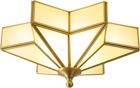 Star Brass Vintage Ceiling Light - 12.2 in Small Milk Glass Antique Brushed Gold Flush Mount Fixture, Mid Century Art Deco Overhead Lighting for Kitchen Hallway Bedroom Bathroom Laundry Entryway Hall
