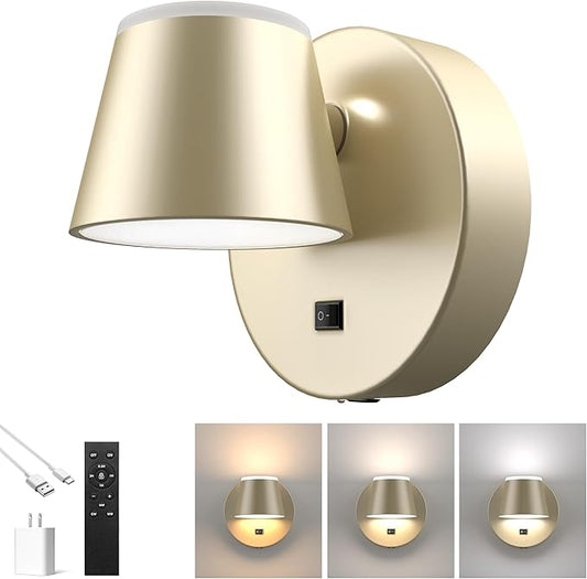 URSOLA Battery Operated Wall Sconce with Remote, LED Rechargeable Battery Wall Light with 9000mAh 3CCT and Dimmable Magnetic 360° Rotation Cordless Light for Bedroom（Champaign）
