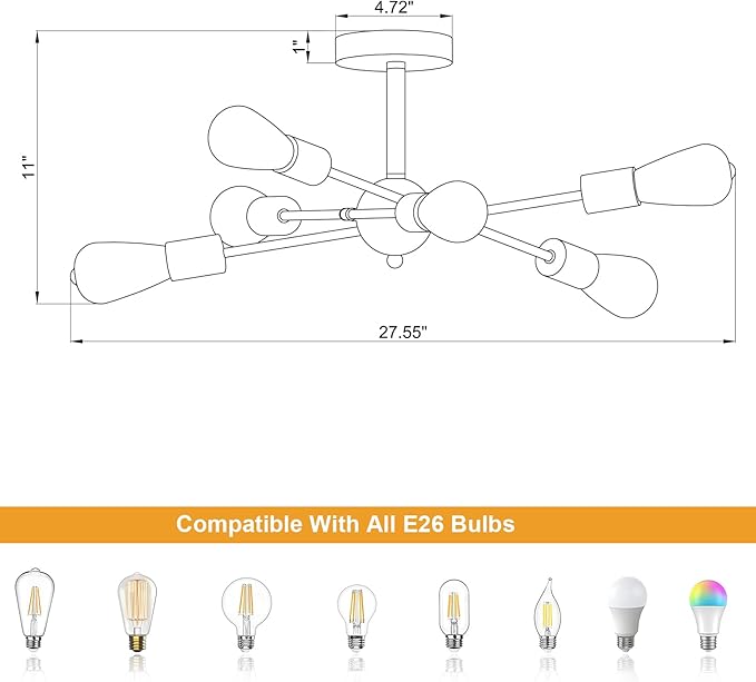 MEIXISUE Modern Semi Flush Mount Ceiling Light Fixture Black and Gold Close to Ceiling Light 6-Light Sputnik Chandelier Light Fixture for Hallway Entryway Bedroom Kitchen Dining Room UL Listed