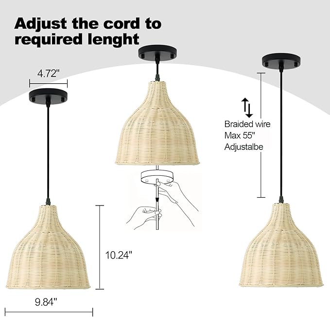 TERLEENART Hard Wired Rattan Pendant Lights Set of 2,Boho Wicker Chandelier with 9.84” Dome Shade, Basket Hand Woven Hanging Lamp for Coastal Kitchen Island Dining Room Living Room Bar Foyer Hallway