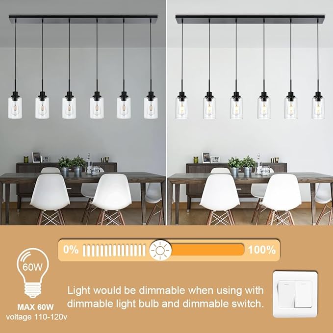 6-Lights Pendant Light Fixtures Ceiling, Modern Black Adjustable Hanging Lamp with Clear Glass Shades, Dining Room Kitchen Island Lighting E26 Bulb Base