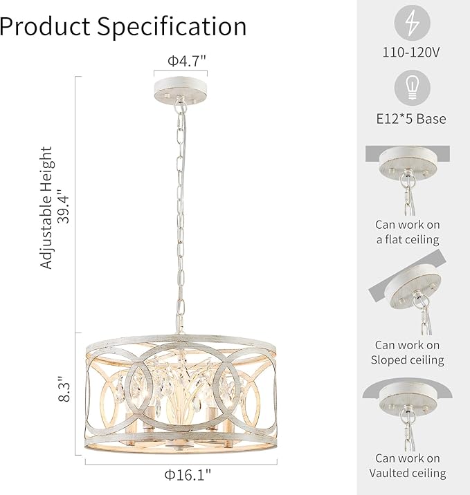 WUZUPS Crystal Chandelier 5-Light Vintage Farmhouse Pendant Ceiling Light Lighting Fixture for Foyer Diningroom Bedroom Hallway Storage Kitchen Bathroom, H 8.3" W 16.1", E12 Base, Antique White