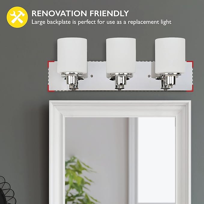 Design House Dane 3-Light Vanity Light, Polished Chrome Finish, Frosted Glass Shades, Dimmable, Bathroom Wall Fixture – Design House, 587478