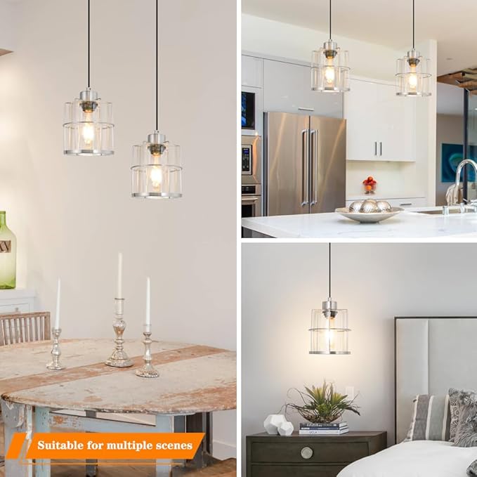 Brushed Nickel Pendant Lights Set of 2, Pendant Lights Kitchen Island with Clear Glass Shade, Modern Farmhouse Pendant Light Fixtures Hanging Light with Adjustable Cord over Sink Decor, E26