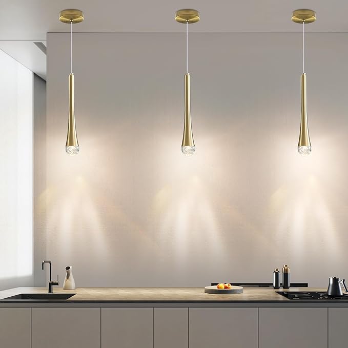 3 Pack Modern Gold LED Pendant Light, Kitchen Island Ceiling Hanging Lights, Teardrop Bubble Crystal, 3 Color 2700K/4500K/6500K, Bedside Small Chandeliers Lamps for Bar, Dining Room, Hallway, Foyer