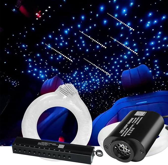 AMKI Mini 6W 600pcs 0.03in 13.1ft Twinkle Starlight Headliner Kit+180pcs Meteor Shooting Star Pure White,Sound Activated Fiber Optic Starlight Box APP/Remote Control for Car Home Star Ceiling Decor
