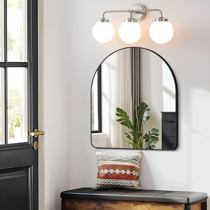 Bathroom Light Fixtures Over Mirror, Brushed Nickel Modern Vanity Lights with Milk White Glass Globe Shades 3-Light Farmhouse Wall Sconce Lighting