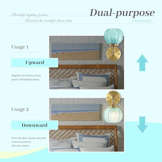 Vintage Wall Sconce Gold Bathroom Vanity Light Hand Blown 1-Light Globe Wall Sconce Indoor Wall Light with Blue Glass Shade Mid Century Modern Wall Lighting for Bedroom Hallway Living Room