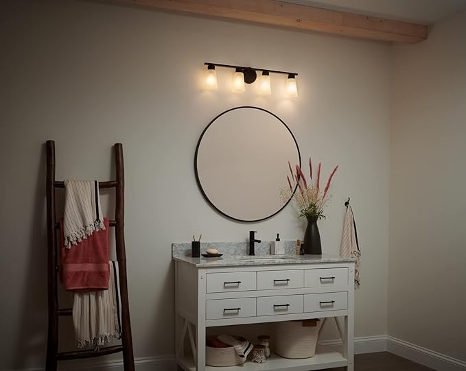 Kichler Stamos 3-Light Bathroom Vanity Light Fixture with Satin Etched Glass Shades, 22 in Modern Wall Light in Black for over Mirror (22 in x 5 in x 8 in), 52608BK