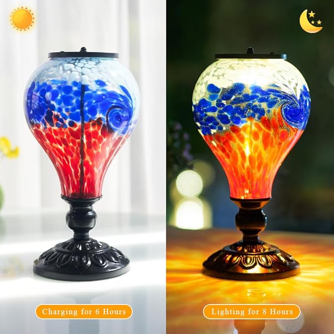 Outdoor Solar Lantern Waterproof Glass Table Lamp 9.8" H Hot Air Balloon Solar Lanterns Led Garden Lights for Patio Desk Garden Yard Tabletop Decor Ideal Gifts(Blue-Red)
