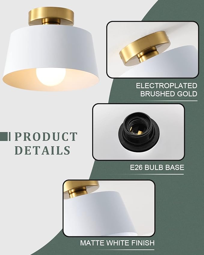 Ceiling Light Fixture, Hallway Ceiling Light with Gold Plate and Matte Black Shade, Modern Simple Style Porch Light Fixtures Semi Flush Mount (White)
