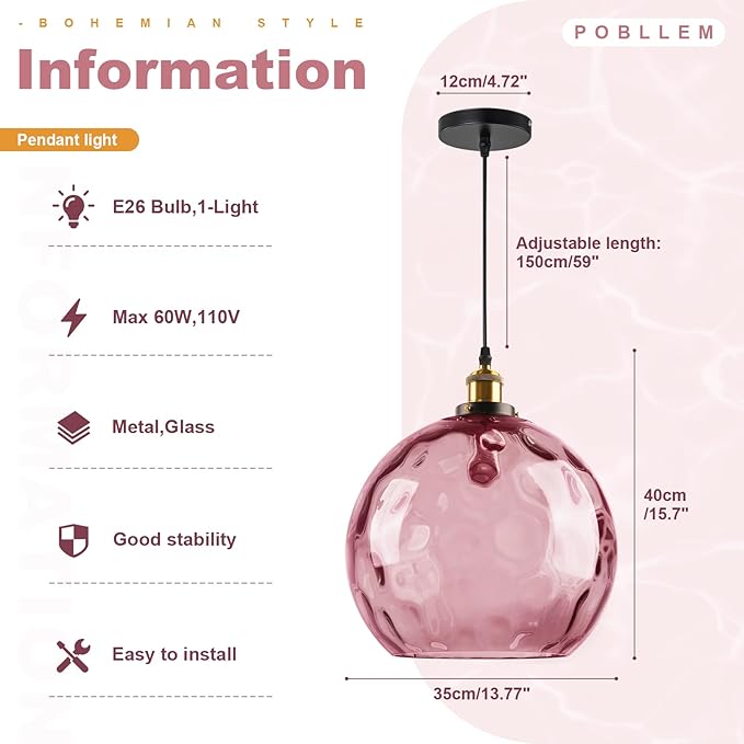 Large Glass Pendant Light 13.8", Pink Modern Pendant Lights Kitchen Island Lights Ceiling Hanging, Hammered Globe Pendant Lamps for Living Room Dining Room Bedroom Bathroom Hallway