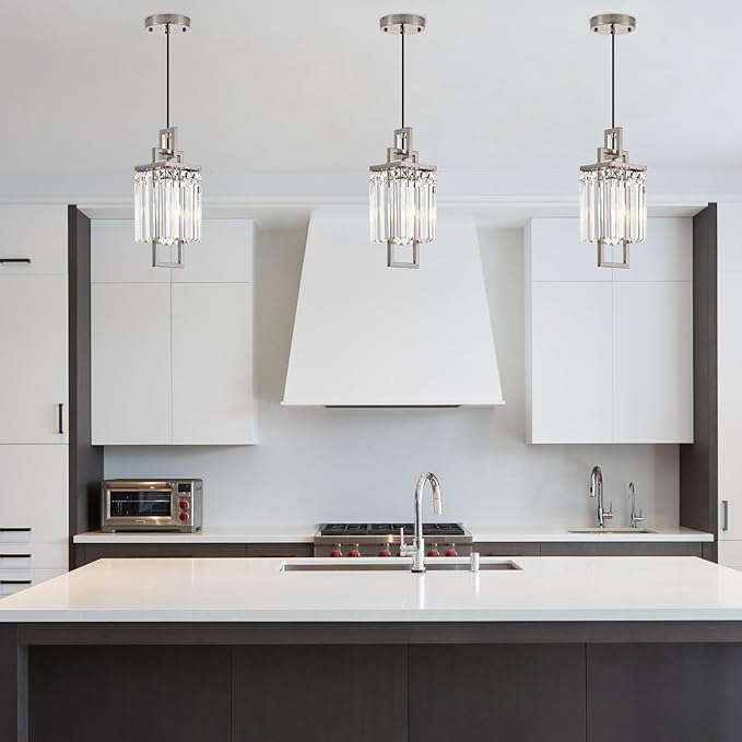 Modern Brushed Nickel Pendant Light Fixture for Kitchen Island and Dining Room, Industrial Small Hanging Crystal Chandelier Light Fixture for Bedroom Entryway Living room Foyer Hallway 1-Pack