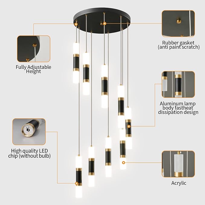 9-Light Chandelier LED 54W Dimmable Chandeliers for Entryway Pendant Light Fixture Chandeliers for Staircase Lobby Black Gold Lighting Modern High Ceiling Chandelier