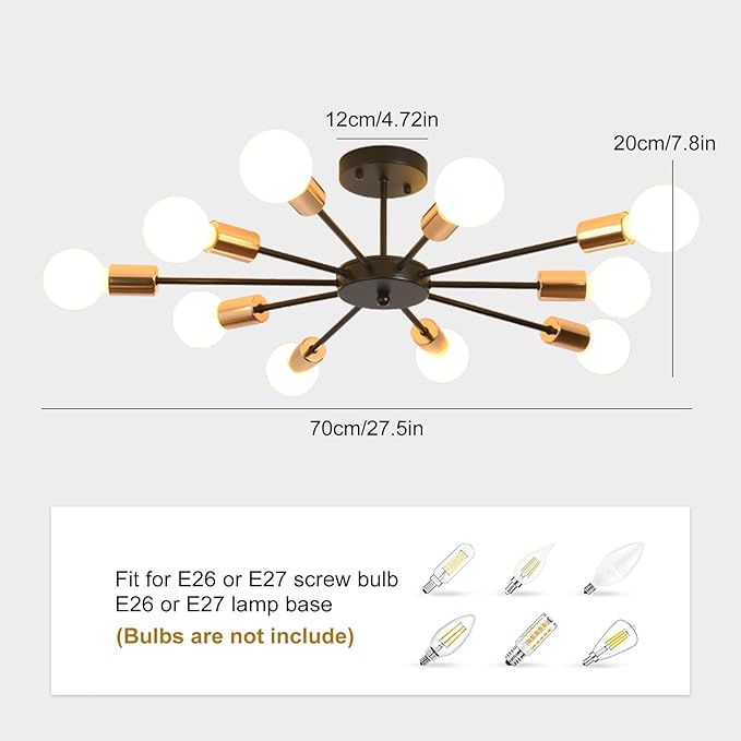 Jaycomey Semi Flush Mount Sputnik Ceiling Light,10-Light E26 Base Modern Black Sputnik Chandelier,Industrial Ceiling Lamp Fixture for Kitchen Farmhouse Living Room Dining Room