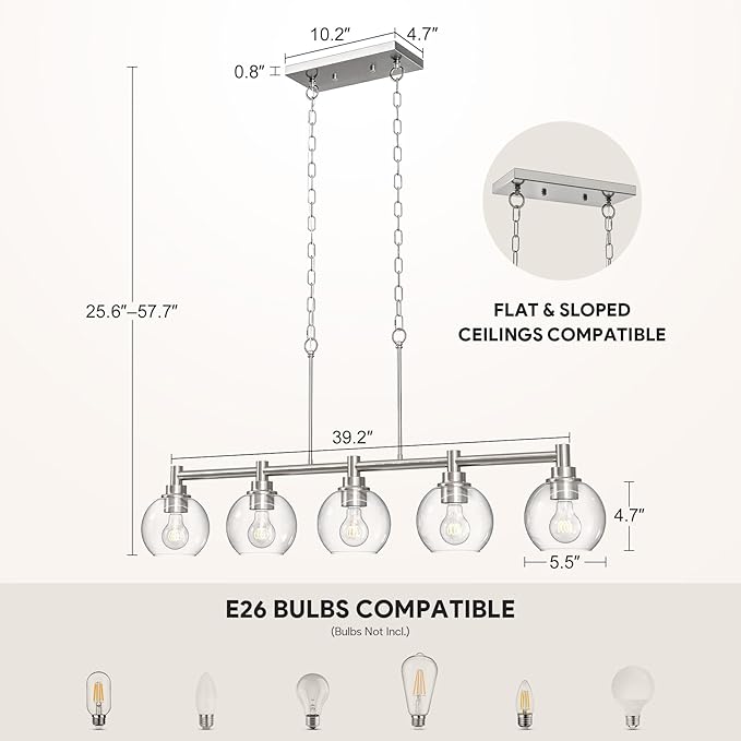 VONLUCE Dining Room Light Fixture Over Table, 5-Light Kitchen Island Lighting with Round Glass Shades & Adjustable Hanging Heights, Linear Chandlier for Dining Room Kitchen, Nickel, ETL Certificated