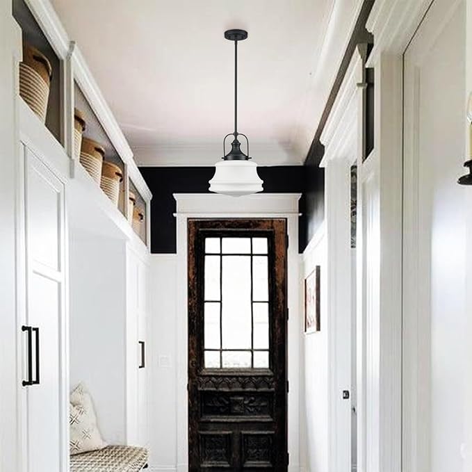 DEYNITE Industrial Pendant Light Fixtures Black Hanging Adjustable Schoolhouse Light Milk White Shade for Kitchen Bar Bedroom Bathroom Dining Room