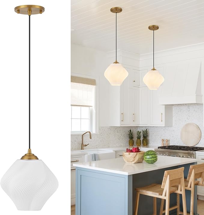 Milk White Glass Pendant Light, Mid Century Modern Ceiling Hanging Lights Fixture with Height Adjustable, Brass Gold Pendant Lighting for Kitchen Island, Hallway, Dining Room, Bedroom(1 Pack)