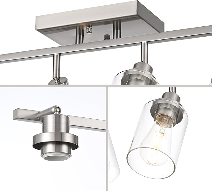 2 Light Track Lighting Kit Brushed Nickel Kitchen Track Lighting Fixtures Ceiling Mount Bathroom Vanity Wall Scones Light Fixture with Clear Glass, Rotatable Spotlight for Kitchen Shop Hallway