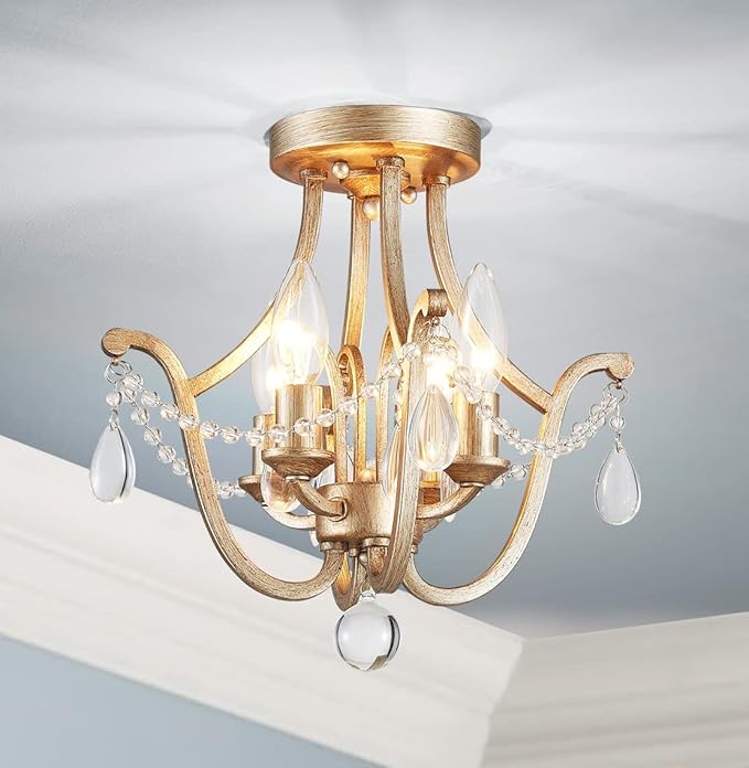 AGV LIGHTING Crystal Ceiling Light Fixture, Semi Flush Mount Ceiling Light, E12 Base 4-Lights, D12 x H12, Clear Crystal & Dressed Gold Finish Metal Frame