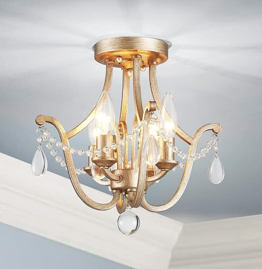 AGV LIGHTING Crystal Ceiling Light Fixture, Semi Flush Mount Ceiling Light, E12 Base 4-Lights, D12 x H12, Clear Crystal & Dressed Gold Finish Metal Frame