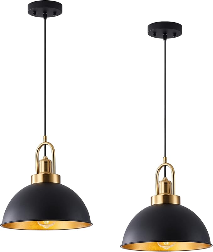 Matte Black Farmhouse Pendant Light, Adjustable Height, Vintage Hanging Industrial Ceiling Lights Fixture for Kitchen Island Hallway Dining Room 2 Pack