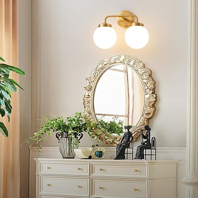 Bathroom Vanity Light Fixtures Over Mirror, Modern Brass Gold 2 Lights Wall Sconce Lighting with Milky Glass Ball Shades, Mid Century Farmhouse Bathroom Lighting