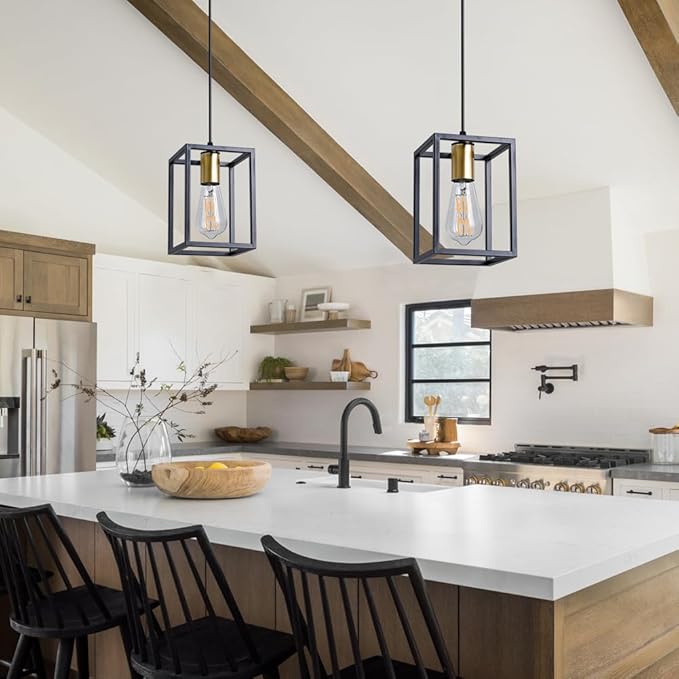 2 Pack Farmhouse Black and Gold Pendant Lights, Hanging Lamps for Living Room Entryway Foyer Indoor, Cage Lantern Kitchen Island Dining Room Light Fixture, Modern Matte Black Industrial Iron Light