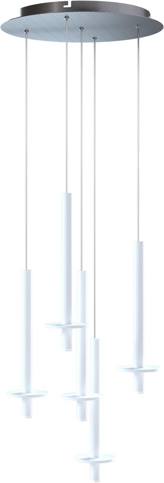 Draco 5 Pendant Lighting White – LED Hanging Light Fixture for Kitchen Island, Bar, Foyer – Equilateral Cluster of Mini Metal Rod Pipe Tube Cylinders – Dimmable, Adjustable Wire, Lamp Bulb Included