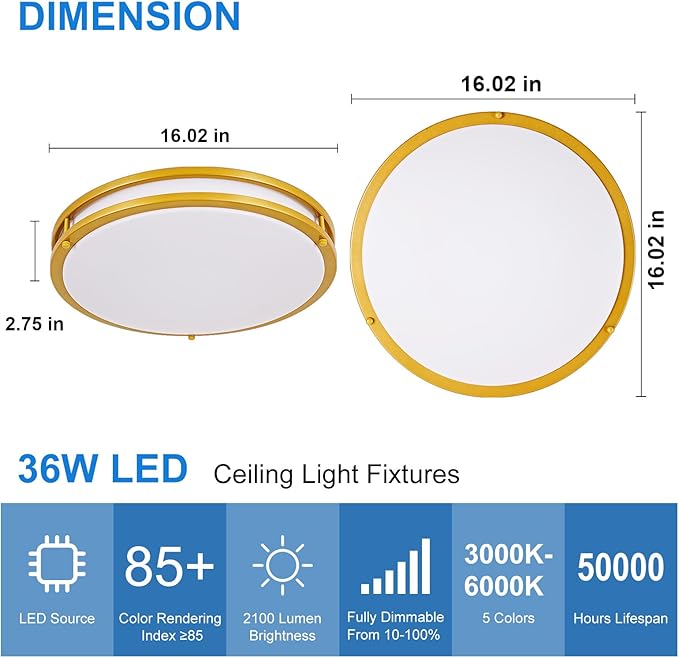 DLLT Flush Mount LED Ceiling Light: 2Pack 16 Inch 5CCT (3000K-6000K) & Dimmable Ceiling Light Fixtures for Bedroom Hallway - 36W Modern Gold Super Bright Kitchen Lighting Fixtures Ceiling