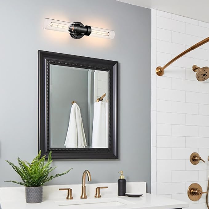 Farmhouse 2-Light Black Wall Sconce, Cylinder Bathroom Wall Light with Clear Glass Shade 20-Inch Modern Black Glass Sconces Wall Lighting for Bedroom Hallway Staircase