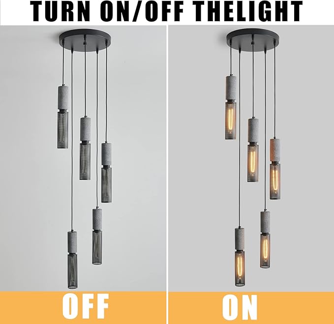 5-Light Concrete Linear Pendant Light with a Metal Mesh Shade,Modern Industrial Hanging Cement Pendant Lighting for Kitchen Island Bedroom Living Room Dining Room Light Fixture