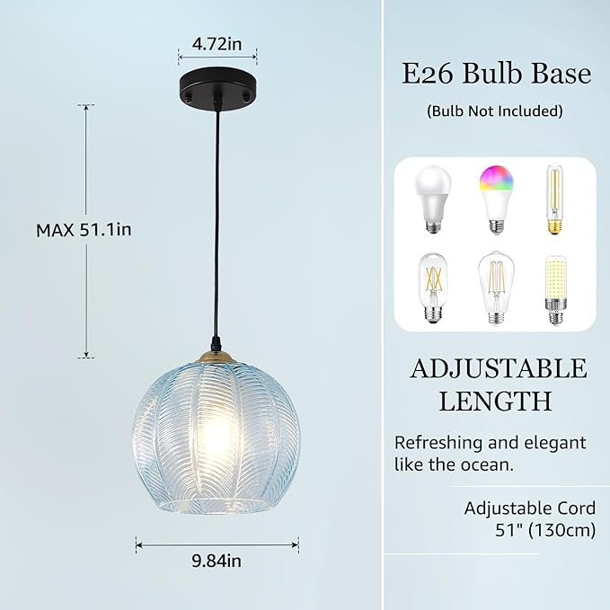 Blue Glass Pendant Light, Single Large 9.8-Inch Globe Shade Hanging Chandelier, Hand Blown Glass Ball Pendant Light Fixtures for Kitchen Island, Staircase, Dining Room, Living Room, Bedroom