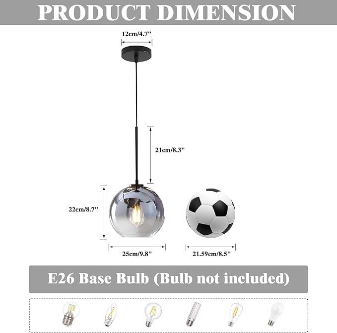 KCO Lighting Mercury Glass Pendant Light Fixtures Mid Century Modern Silver Kitchen Island Pendant Lights Ceiling Hanging Black Large Globe Pendant Light for Living Room Dining Room