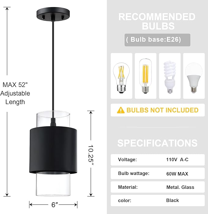 1 Light Hanging Indoor Kitchen Island Pendant Light 6" Drum Glass Shade Pendant Ceiling Light Fixtures Modern Farmhouse Dinning Over Sink (Black Finish, 1 Pack)