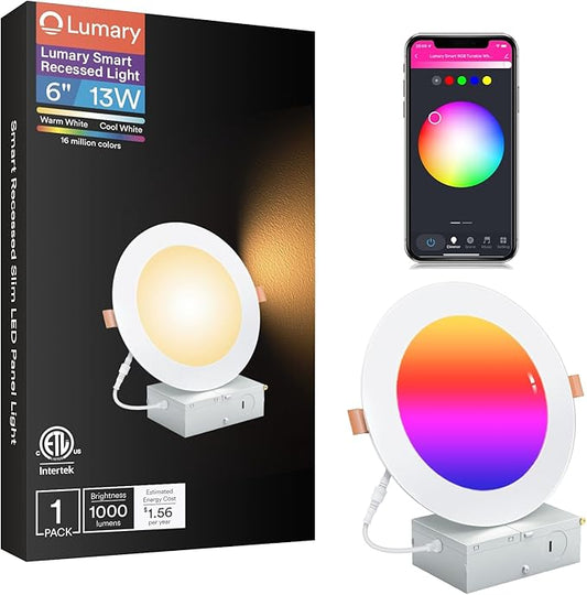 Lumary Smart Recessed Lighting 6 Inch, Color Changing LED Downlight 13W 1000LM, Wi-Fi Bluetooth Soffit Lights with J-Box, Compatible with Alexa/Google Assistant/BT Remote, ETL Listed, 1 Pack