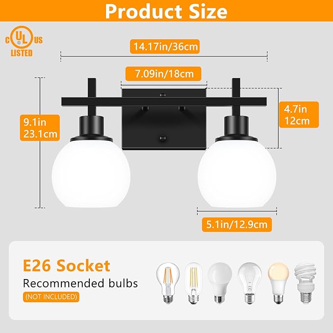 Dpyrrhic 2-Light Black Bathroom Lighting Fixtures Over Mirror,Modern Vanity Lighting Fixtures,Bathroom Wall Mounted Vanity Light with Milky White Glass Lampshade for Living Room，Bedroom，Hallway