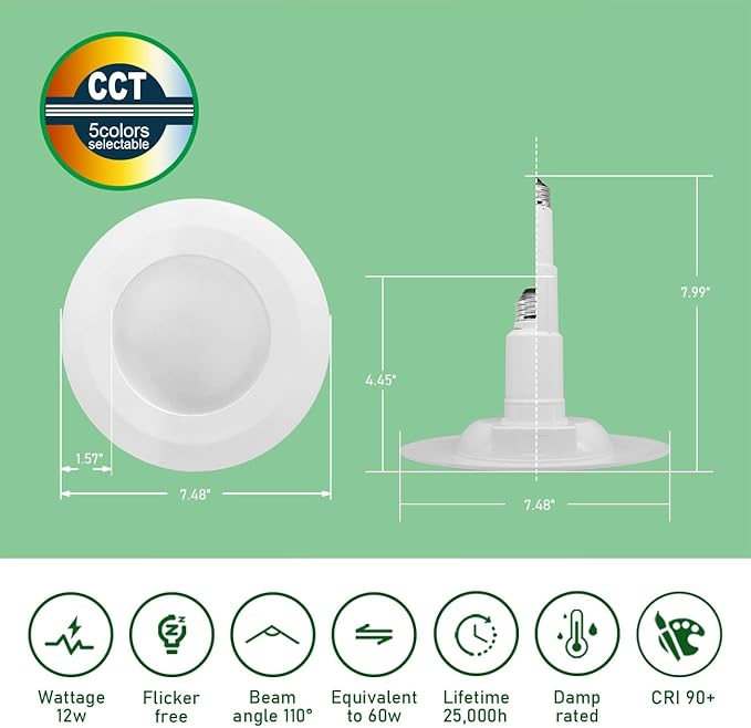 Soliseed 12-Pack 5/6 Inch LED Can Lights 5CCT Recessed Lighting,Selectable 2700K/3000K/3500K/4000K/5000K Length Adjustable Retrofit Downlight,12W=60W,800LM,Dimmable,CRI90+,Easy Install