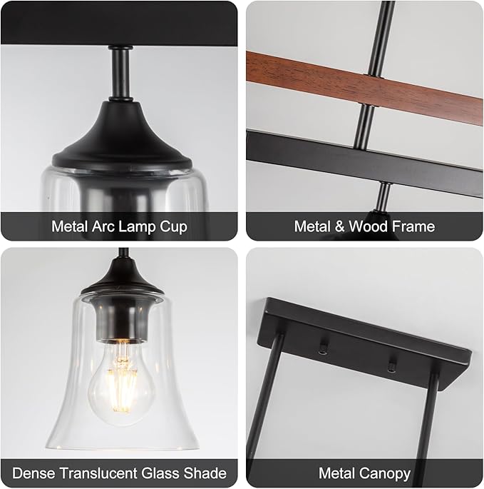 Dining Room Light Fixture 4-Light Kitchen Island Lighting Farmhouse Chandeliers for Dining Room Over Table Wood Chandelier with Glass Black Metal Pendant Light for Kitchen Island Lights