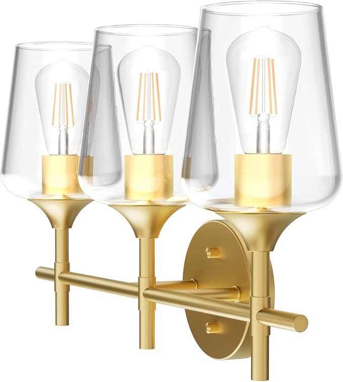 Ralbay Gold Bathroom Vanity Light 3-Lights Vintage Gold Vanity Lights Wall Lighting Clear Glass Gold Bathroom Light Fixtures Over Mirror
