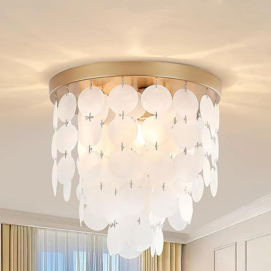 Capiz Shell Flush Mount Ceiling Light Fixture, 11.8" Gold Modern Chandelier for Bedroom, Living Room, Bathroom, Kitchen, Dining Room, Hallway, Entryway, Nursery, Closet Dimmable Coastal Lighting