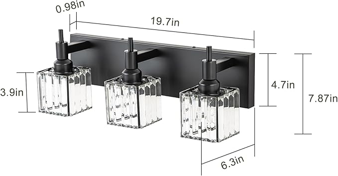 Black Crystal Bathroom Vanity Light 3-Light Modern Bathroom Lighting Fixtures Over Mirror, Black Wall Sconce Light Fixtures with Square Shade