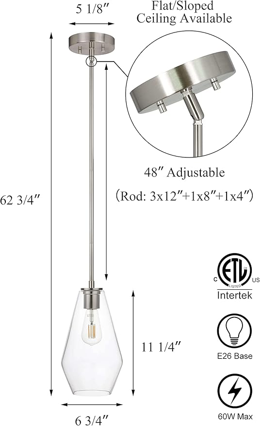 XiNBEi Lighting Pendant Lighting, Modern 1 Light Glass Pendant Light Fixture Brushed Nickel Adjustable Kitchen Pendant Ceiling Light XB-P1228-BN
