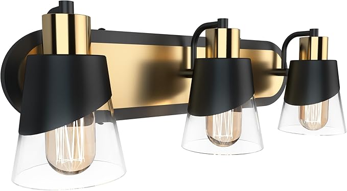 URSOLA Bathroom Vanity Light, 3 Lights Bathroom Light Fixtures, 19.7 inch Bathroom Light Fixtures Over Mirror Black and Gold, with Bevelled Edge and Clear Glass Shade Wall Lamp