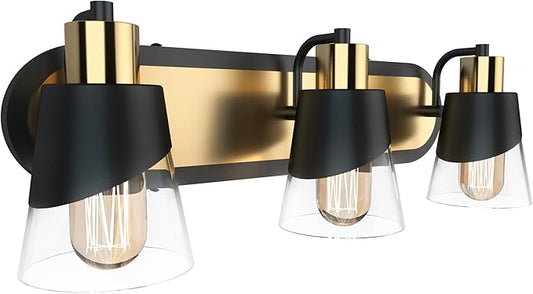 URSOLA Bathroom Vanity Light, 3 Lights Bathroom Light Fixtures, 19.7 inch Bathroom Light Fixtures Over Mirror Black and Gold, with Bevelled Edge and Clear Glass Shade Wall Lamp