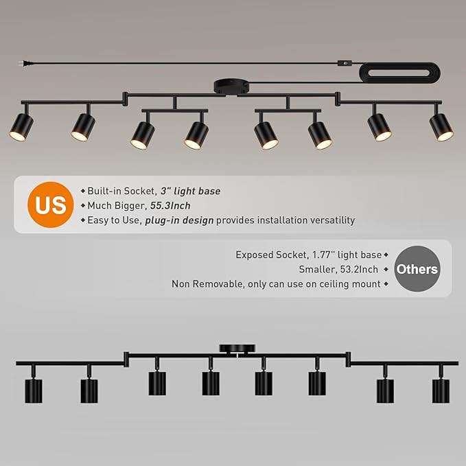Plug in Track Lighting LED, Track Lighting Fixtures Ceiling, Black 8-Light Kitchen Light Kit, Plug in Wall Light with 14.8ft Power Cord, Rotatable Ceiling Spotlight for Bedroom(GU10 Socket, NO Bulb)