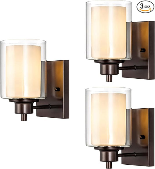 3 Pack Bath Vanity Light Fixtures 1-Light, Indoor Oil Rubbed Bronze Wall Light with Dual Glass Shade, Farmhouse Bathroom Wall Scone, Vintage E26 Bese Wall Mount Lighting