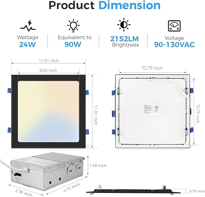 HONZIN 1 Pack 12 Inch Square Recessed Lighting, 5CCT Ultra-Thin LED Downlight, 2700K/3000K/3500K/4000K/5000K Selectable, Dimmable, 24W, IC Rated Canless Ceiling Lights with Junction Box, Black Trim